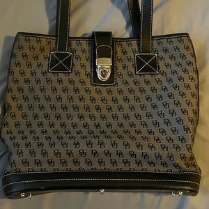 Dooney & Bourke tan/brown/black leather tote, traveling bag, black d&b lettering